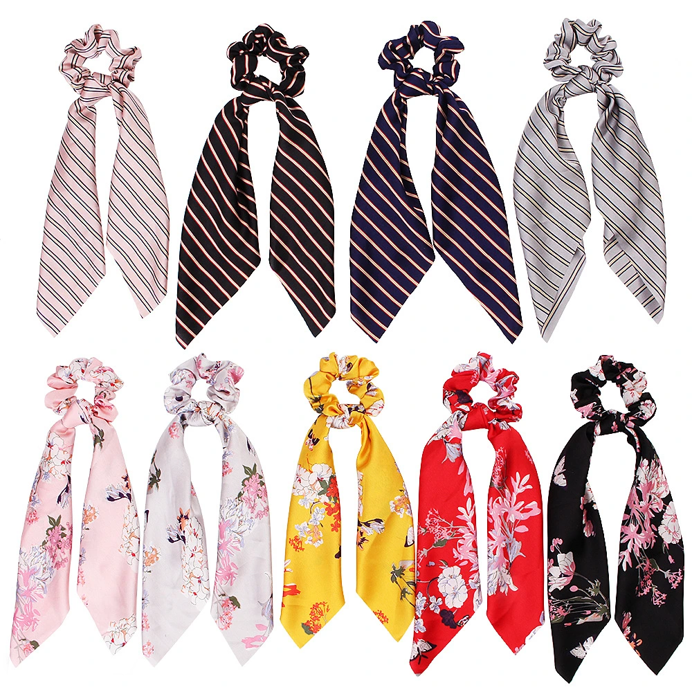 Women Hair Accessories Vintage Custom Colorful Fabric Scarf Hair Ties Wholesale Girls Satin Silk Elastic Scrunchies