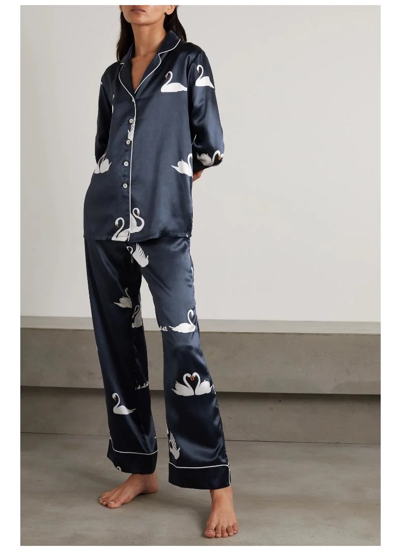 Silk V Neck Autumn Bulk Pajama Set Silk Satin Animal Print Sleepwear