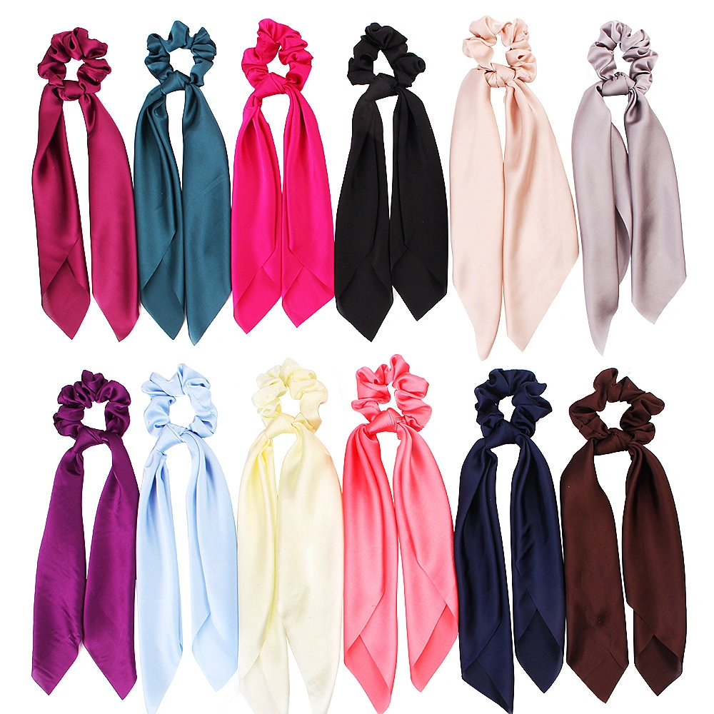 Women Hair Accessories Vintage Custom Colorful Fabric Scarf Hair Ties Wholesale Girls Satin Silk Elastic Scrunchies