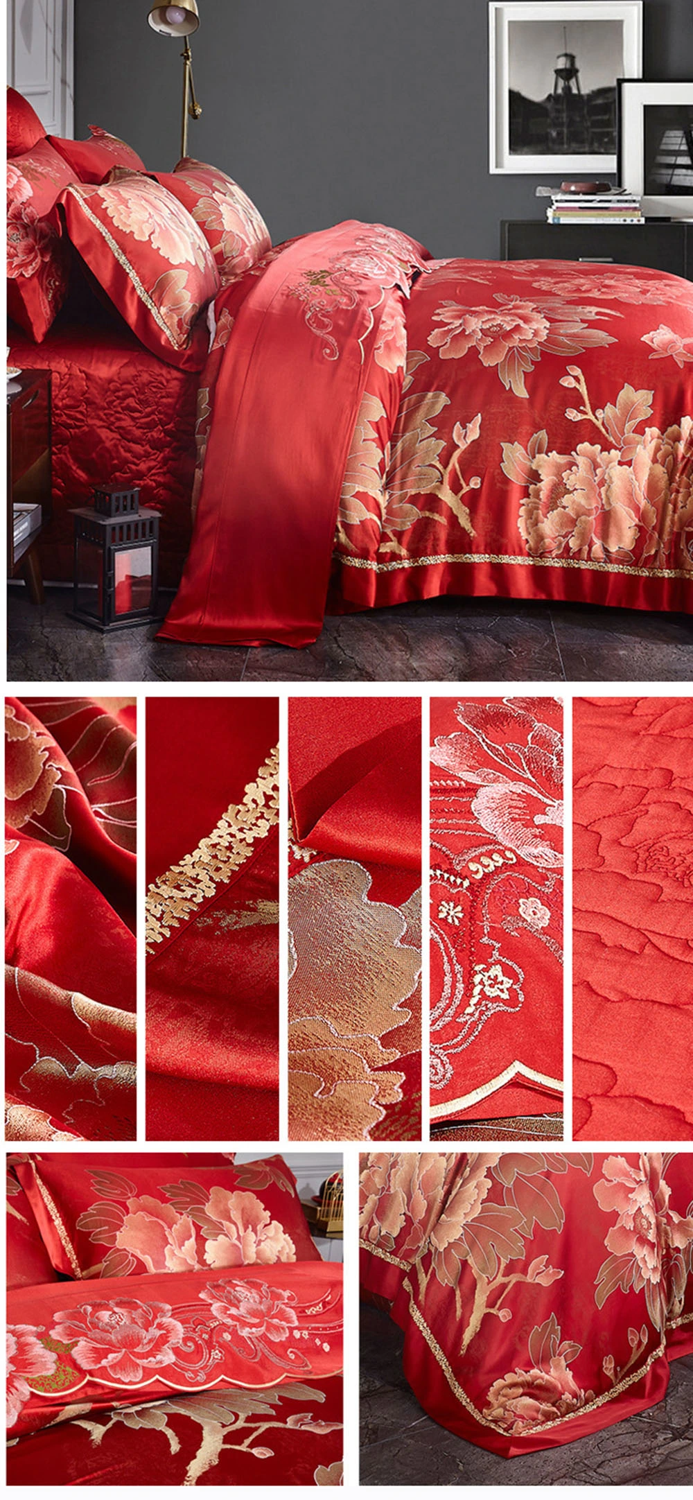 Hsbs005 Four Piece Wedding Set Weighing 100 Silk Bedding Silk Jacquard Yarn Dyed Red Wedding Set Wholesale